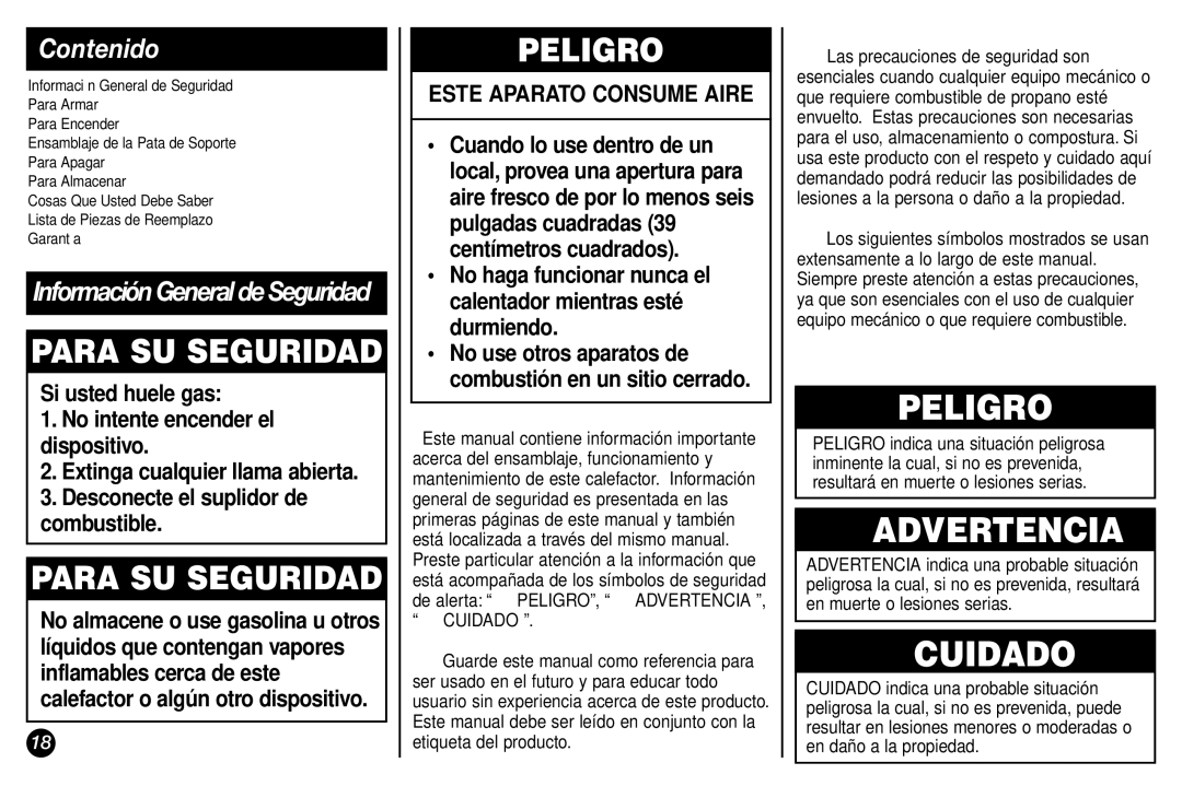 Coleman 5029 manual Para SU Seguridad, Peligro, Contenido 