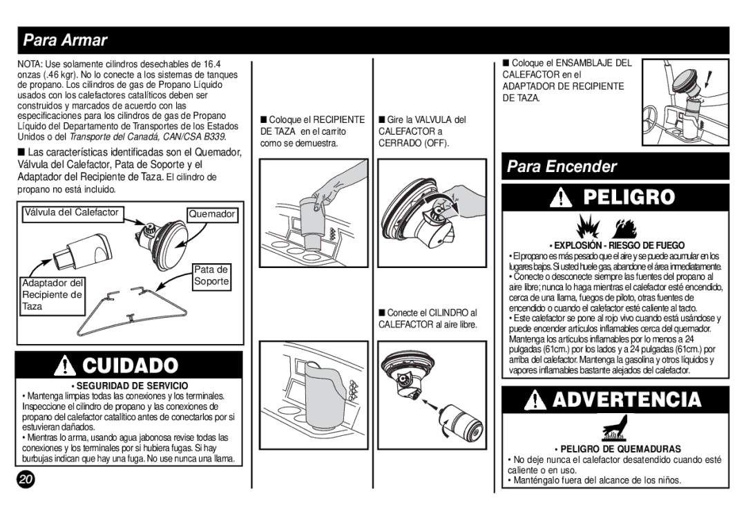 Coleman 5029 manual Advertencia, Para Armar, Para Encender, Explosión Riesgo DE Fuego, Peligro DE Quemaduras 