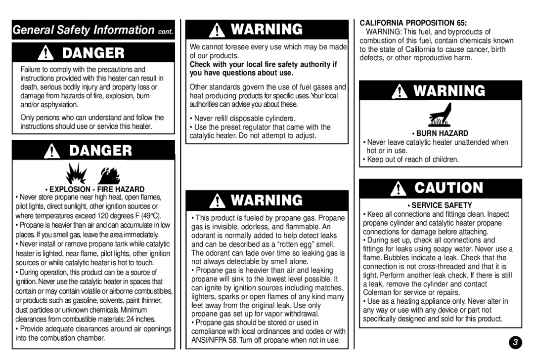 Coleman 5029 manual General Safety Information, Never refill disposable cylinders 