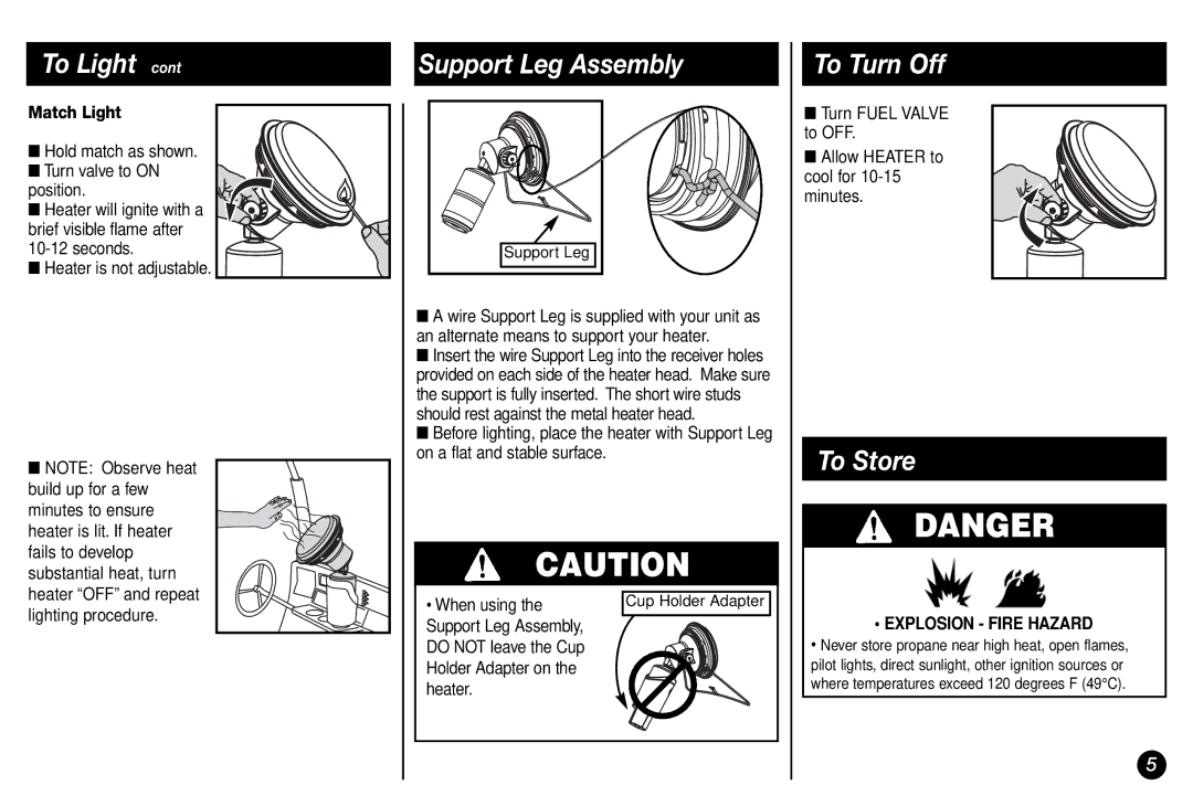 Coleman 5029 manual Support Leg Assembly, To Turn Off, To Store, Match Light 