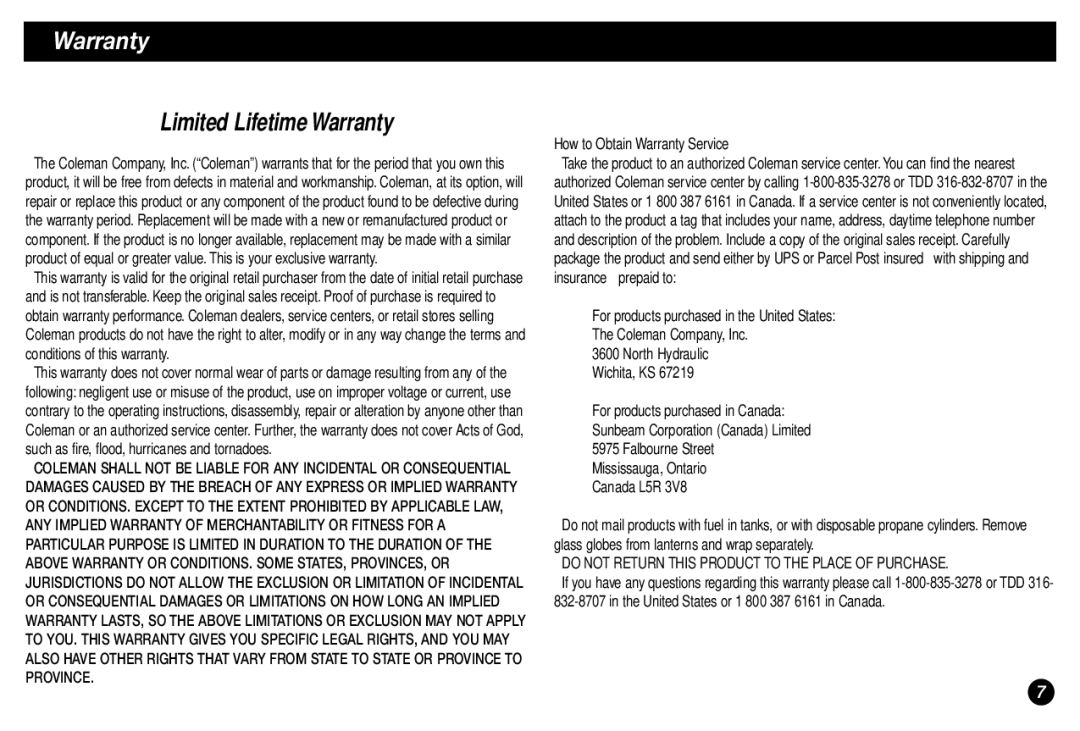 Coleman 5029 manual How to Obtain Warranty Service, For products purchased in the United States 