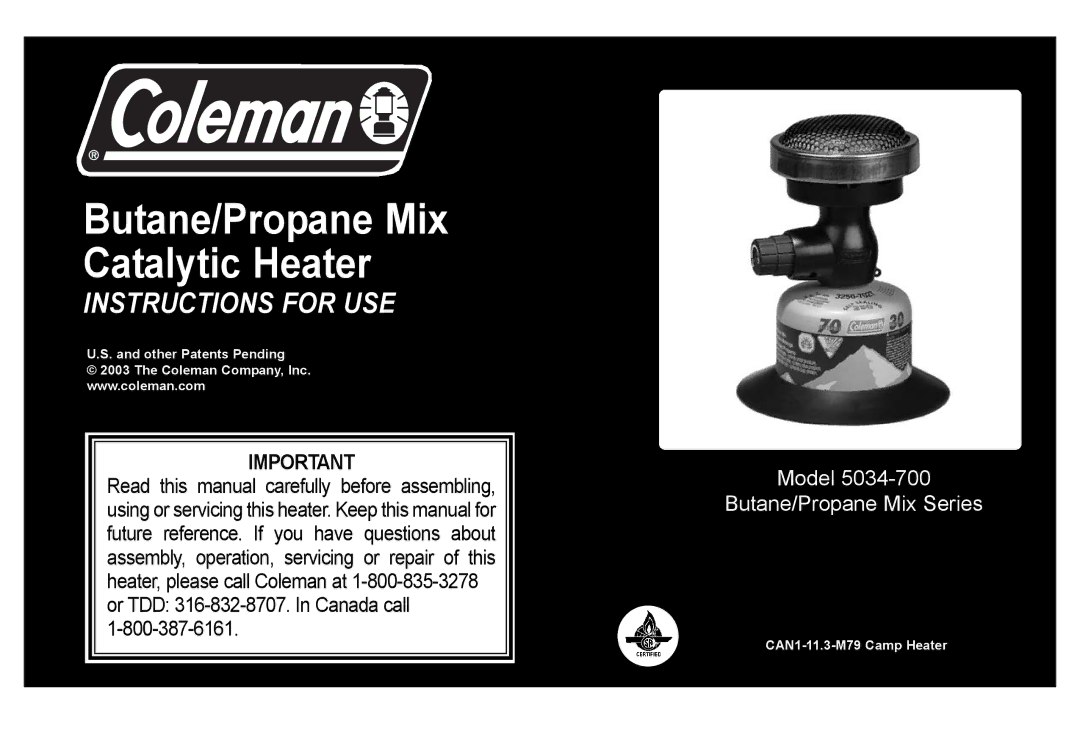 Coleman 5034-700 manual Butane/Propane Mix Catalytic Heater 