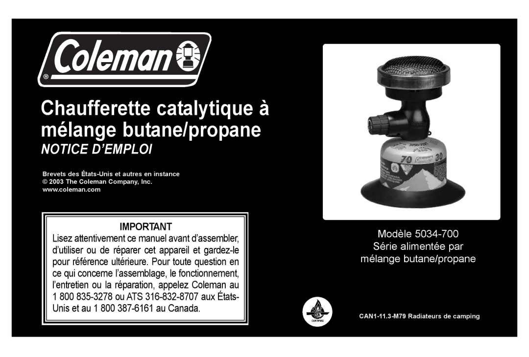 Coleman 5034-700 manual Chaufferette catalytique à mélange butane/propane 