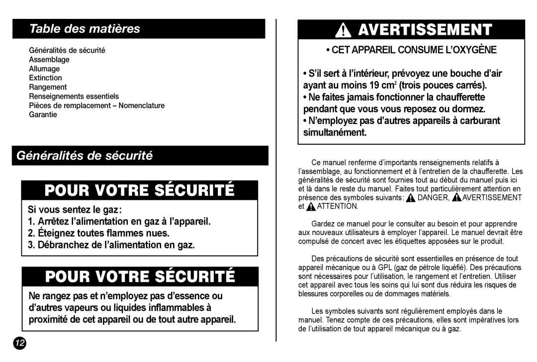 Coleman 5034-700 manual Table des matières, Généralités de sécurité 