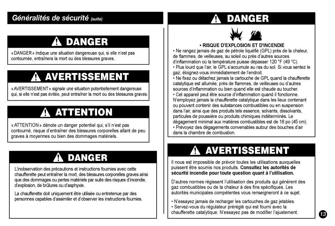 Coleman 5034-700 manual Généralités de sécurité suite, Risque D’EXPLOSION ET D’INCENDIE 