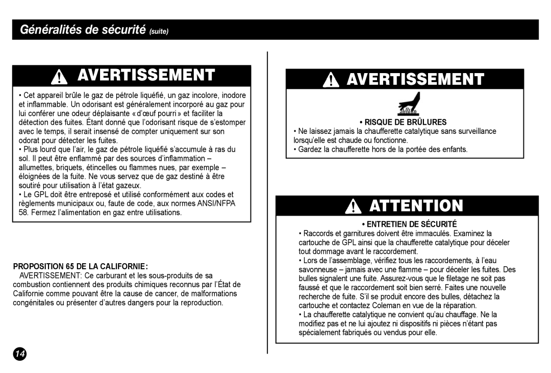 Coleman 5034-700 manual Risque DE Brûlures, Entretien DE Sécurité 
