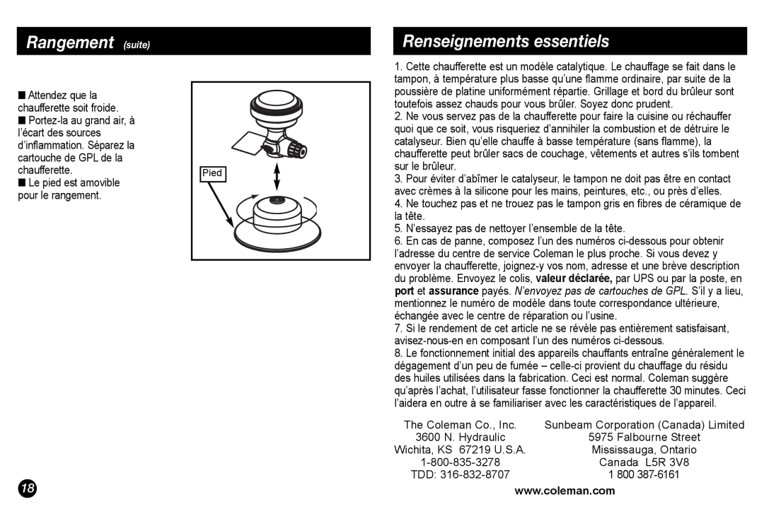 Coleman 5034-700 manual Rangement suite, Renseignements essentiels 