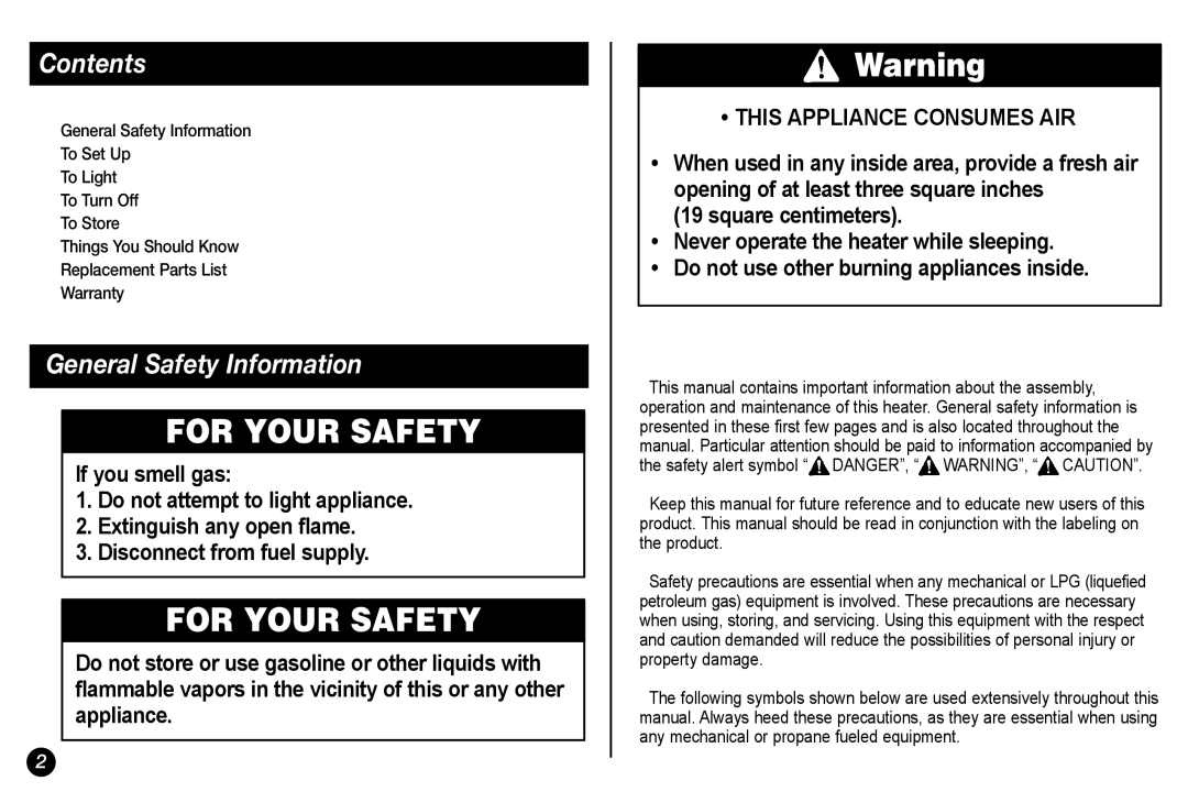 Coleman 5034-700 manual For Your Safety, Contents, General Safety Information 