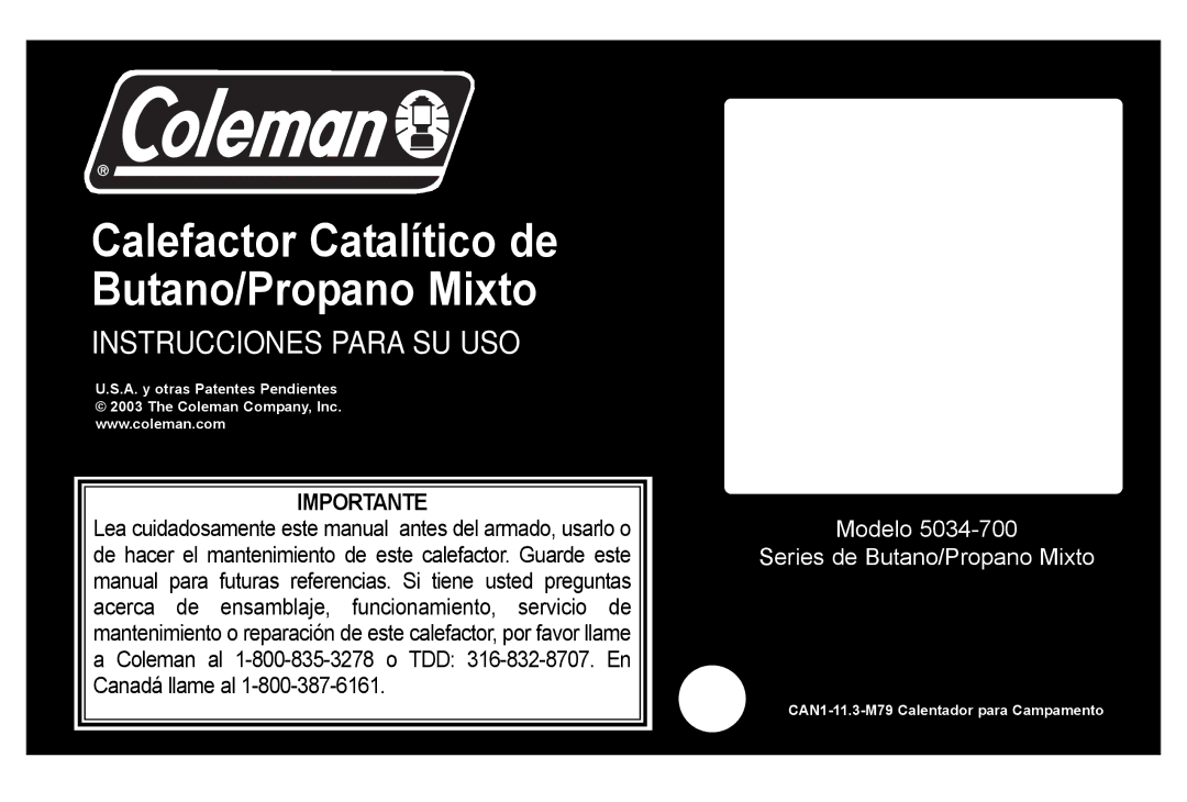 Coleman 5034-700 manual Calefactor Catalítico de Butano/Propano Mixto 