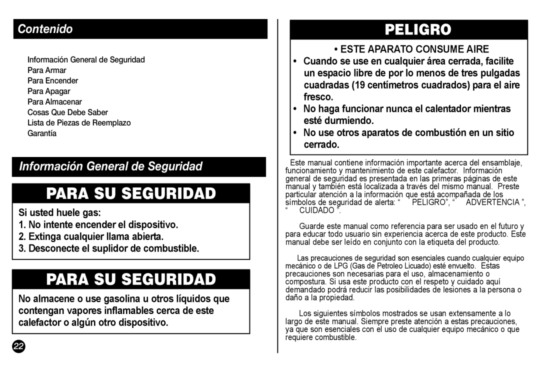 Coleman 5034-700 manual Peligro, Contenido, Información General de Seguridad 