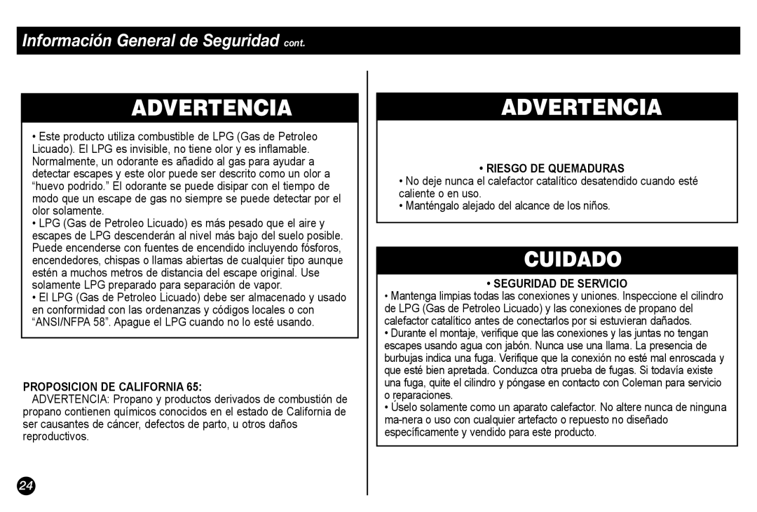 Coleman 5034-700 manual Cuidado, Proposicion DE California 