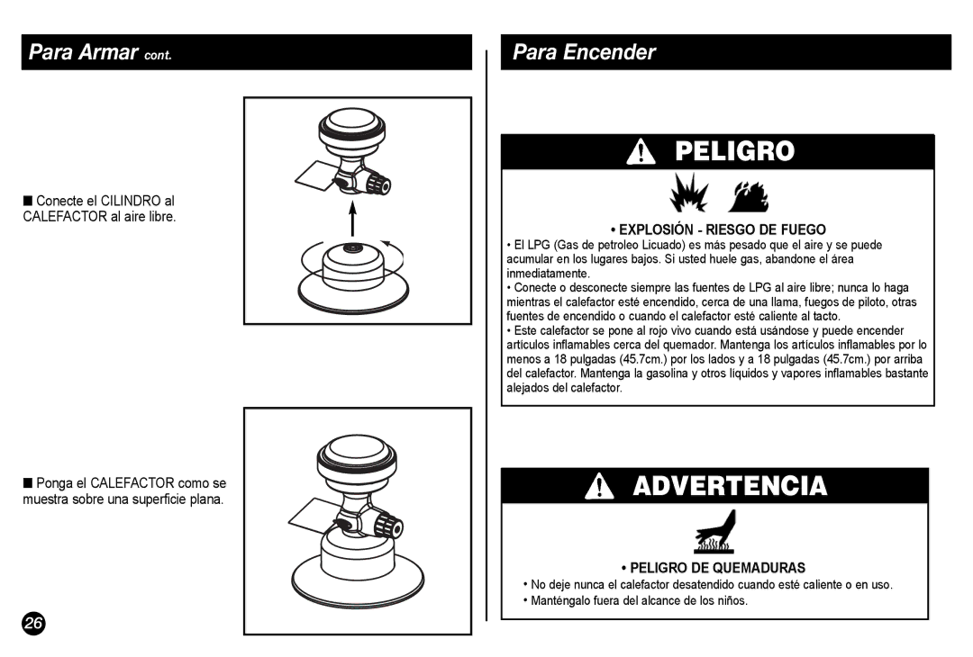 Coleman 5034-700 manual Advertencia, Para Encender, Explosión Riesgo DE Fuego, Peligro DE Quemaduras 