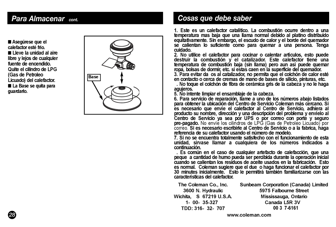 Coleman 5034-700 manual Para Almacenar Cosas que debe saber 