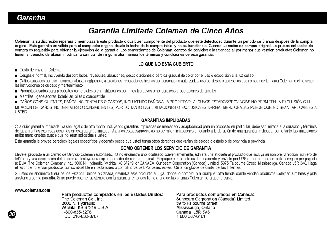 Coleman 5034-700 manual Garantía, LO QUE no Esta Cubierto, Garantias Implicadas, Como Obtener LOS Servicio DE Garantia 