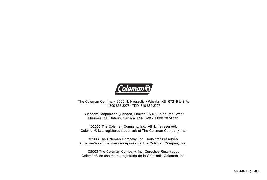 Coleman 5034-700 manual 5034-071T 06/03 