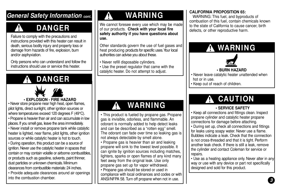 Coleman 5035 manual General Safety Information, Never refill disposable cylinders 