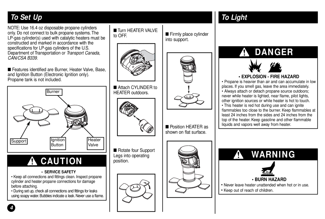 Coleman 5035 manual To Set Up, To Light, Turn Heater Valve to OFF, Rotate four Support Legs into operating position 