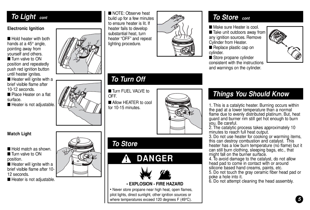 Coleman 5035 manual To Turn Off, To Store, Things You Should Know, Electronic Ignition, Match Light 