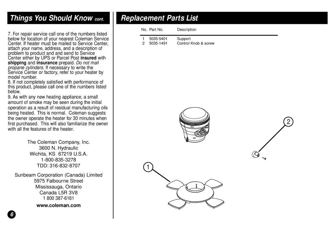 Coleman 5035 manual Replacement Parts List 