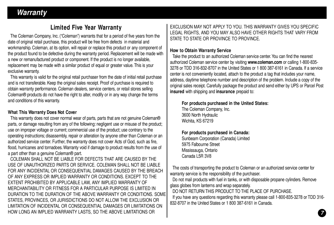 Coleman 5035 manual What This Warranty Does Not Cover, Coleman Company, Inc North Hydraulic Wichita, KS 