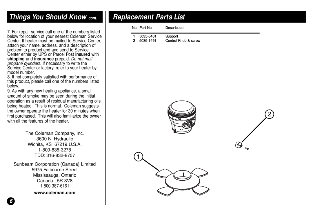 Coleman 5035 manual Things You Should Know cont, Replacement Parts List 