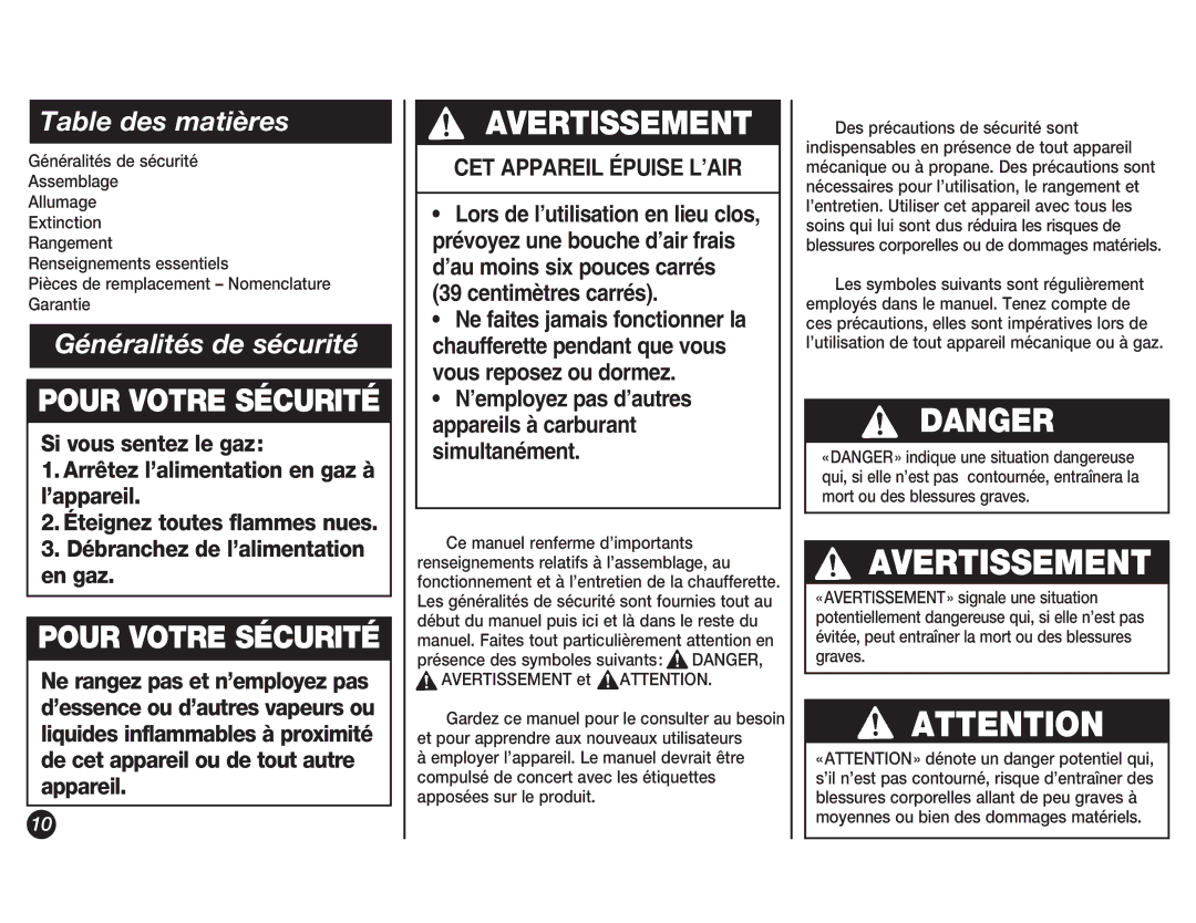 Coleman 5038 manual Avertissement, Table des matières 