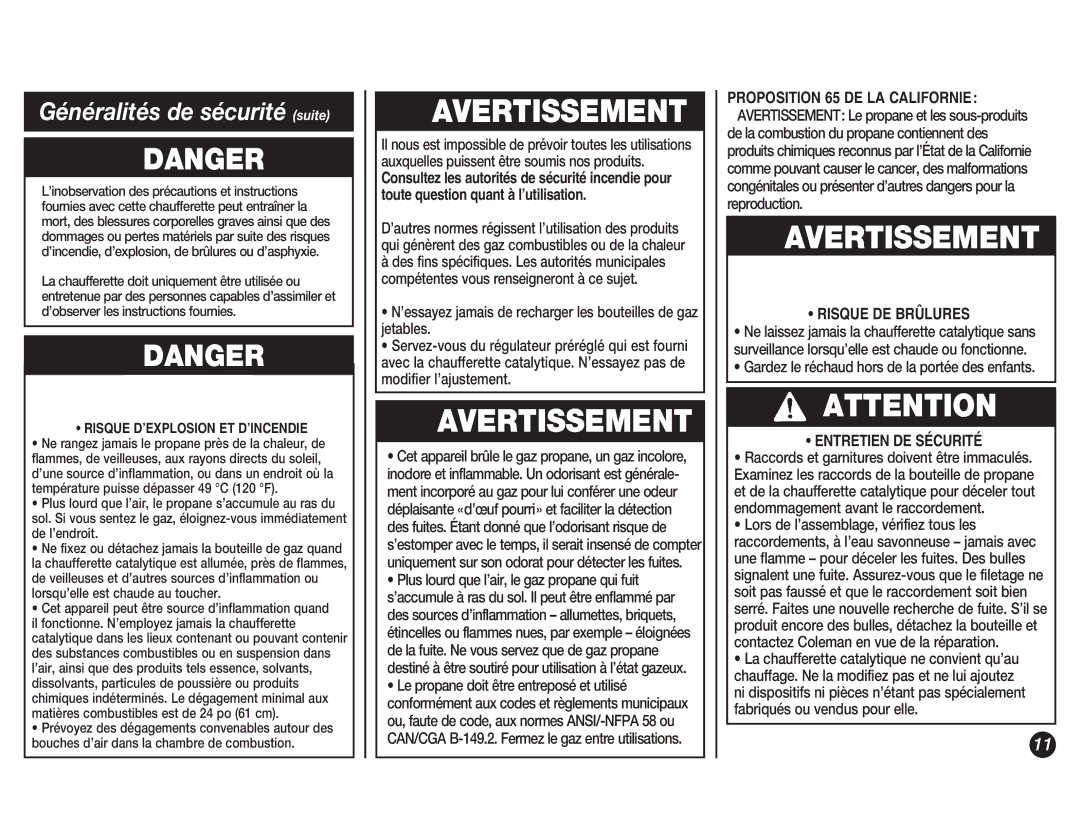 Coleman 5038 manual Généralités de sécurité suite, Risque D’EXPLOSION ET D’INCENDIE 