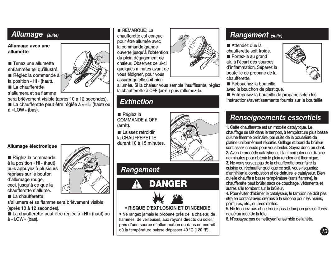 Coleman 5038 manual Allumage suite, Extinction, Rangement suite, Renseignements essentiels 