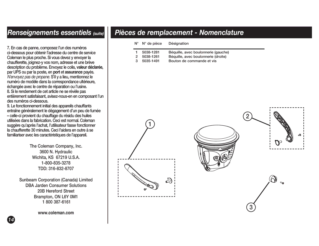 Coleman 5038 manual Renseignements essentiels suite, Pièces de remplacement Nomenclature 