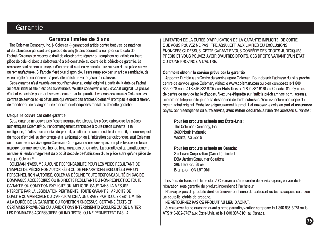 Coleman 5038 manual Garantie limitée de 5 ans 