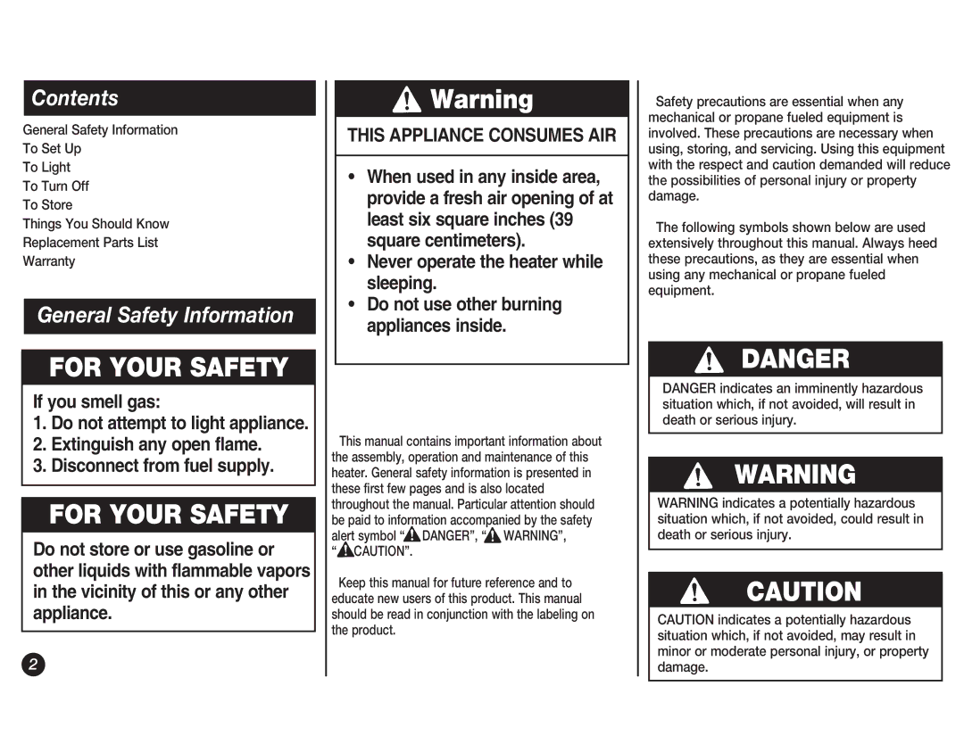 Coleman 5038 manual For Your Safety, Contents, General Safety Information 