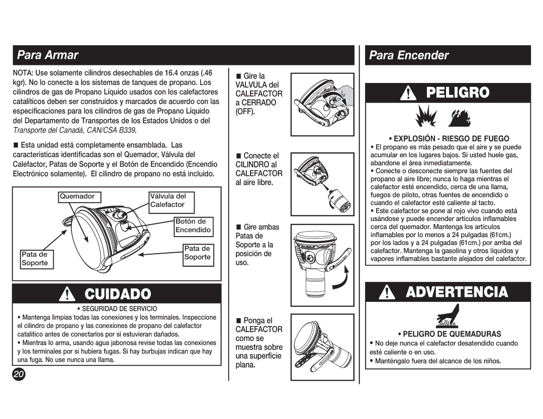 Coleman 5038 manual Advertencia, Para Armar, Para Encender, Explosión Riesgo DE Fuego, Peligro DE Quemaduras 