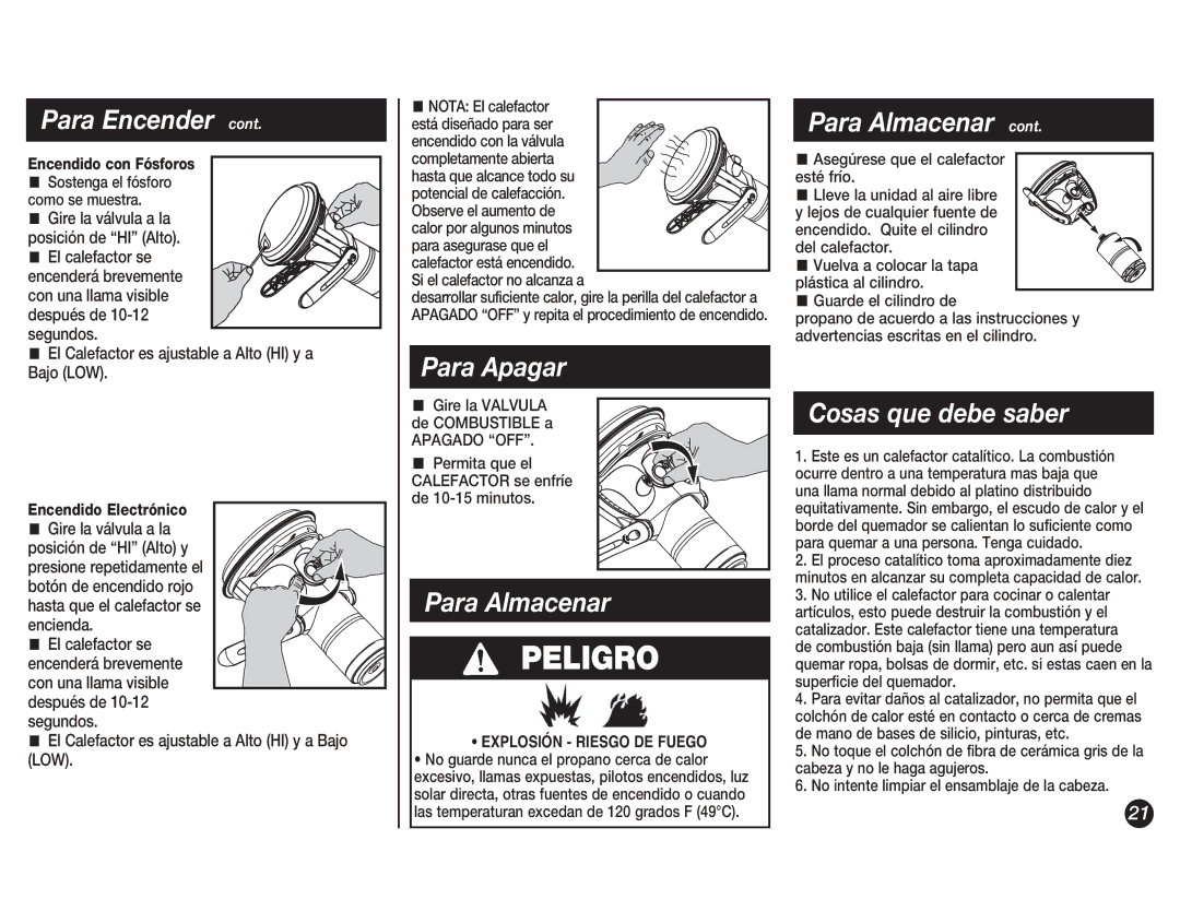 Coleman 5038 manual Para Apagar, Para Almacenar, Cosas que debe saber, Sostenga el fósforo como se muestra 