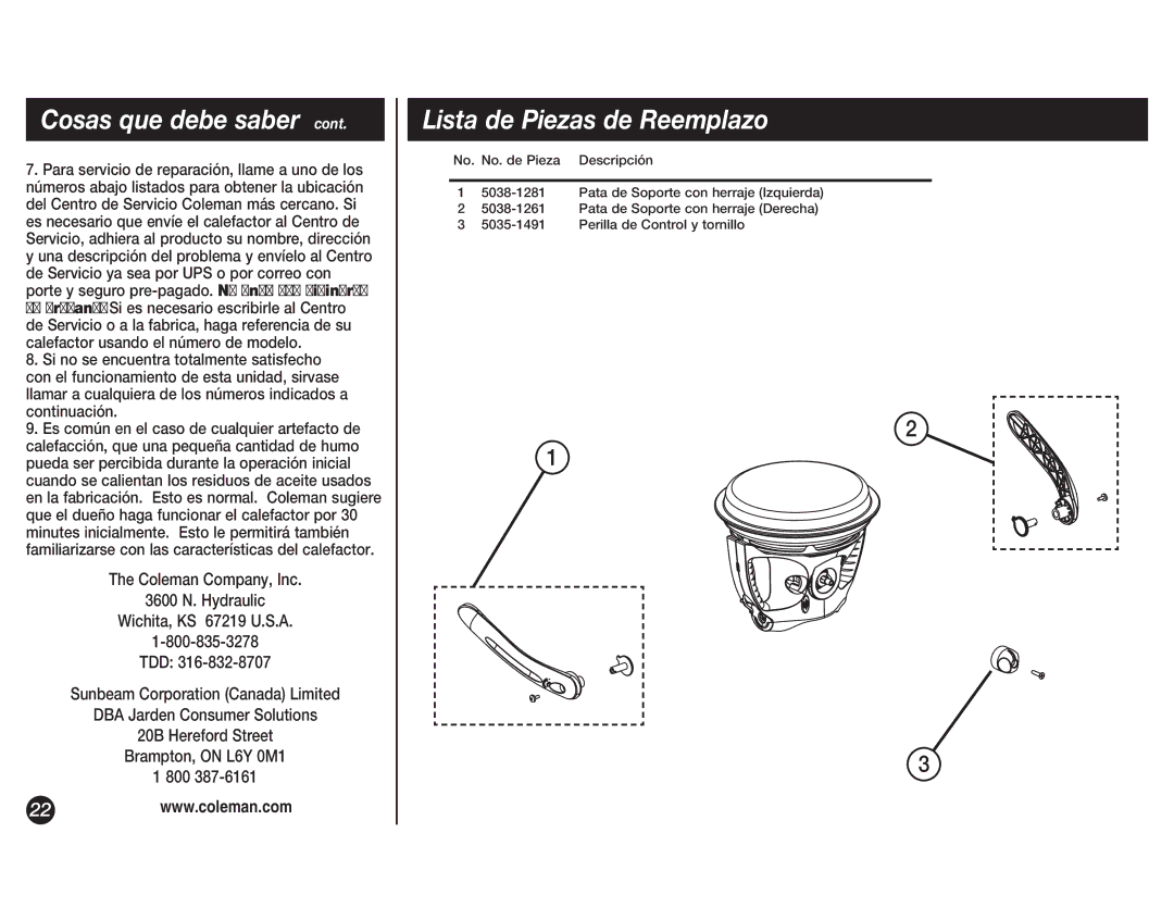 Coleman 5038 manual Lista de Piezas de Reemplazo 