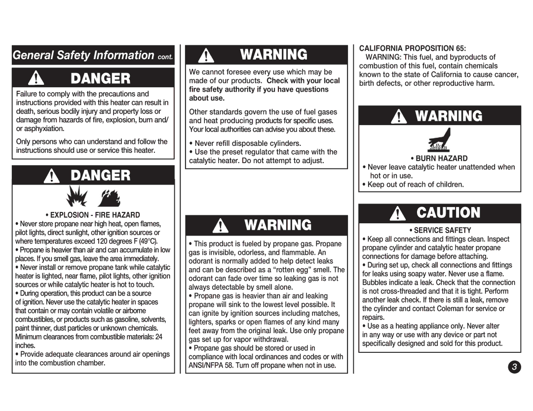 Coleman 5038 manual Burn Hazard, Explosion Fire Hazard 