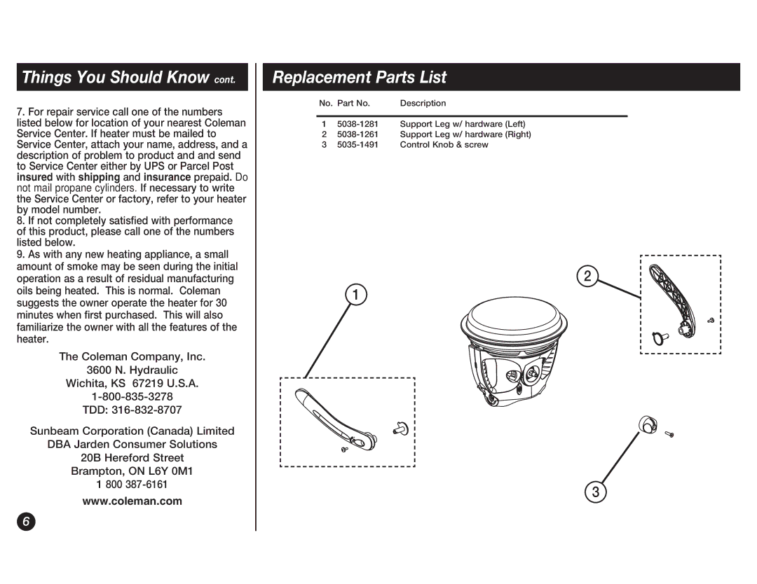 Coleman 5038 manual Replacement Parts List 