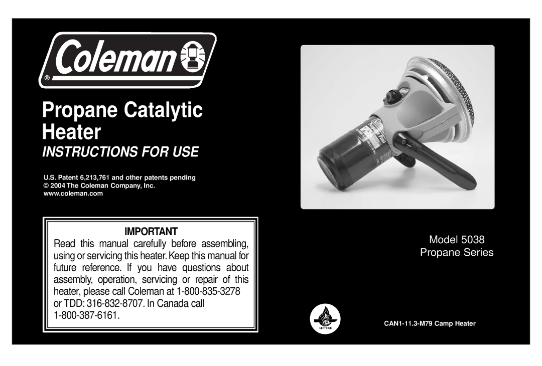 Coleman 5038 manual Propane Catalytic Heater 