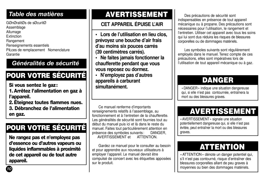 Coleman 5038 manual Avertissement, Table des matières, Généralités de sécurité 