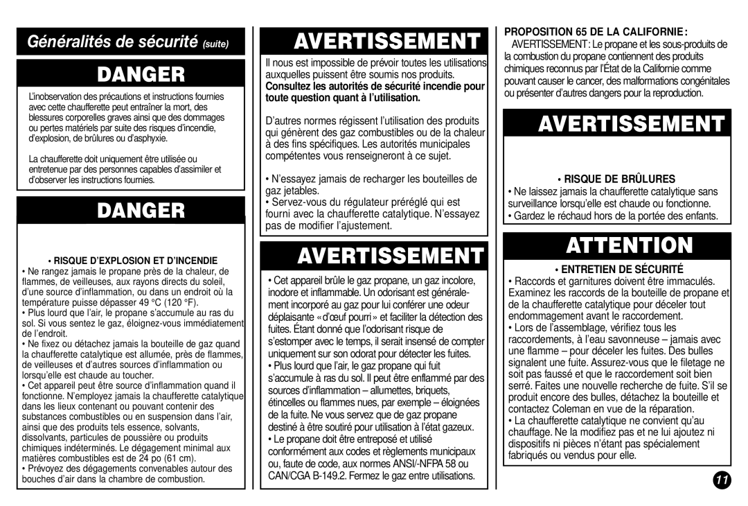 Coleman 5038 manual Généralités de sécurité suite, Risque DE Brûlures, Entretien DE Sécurité 