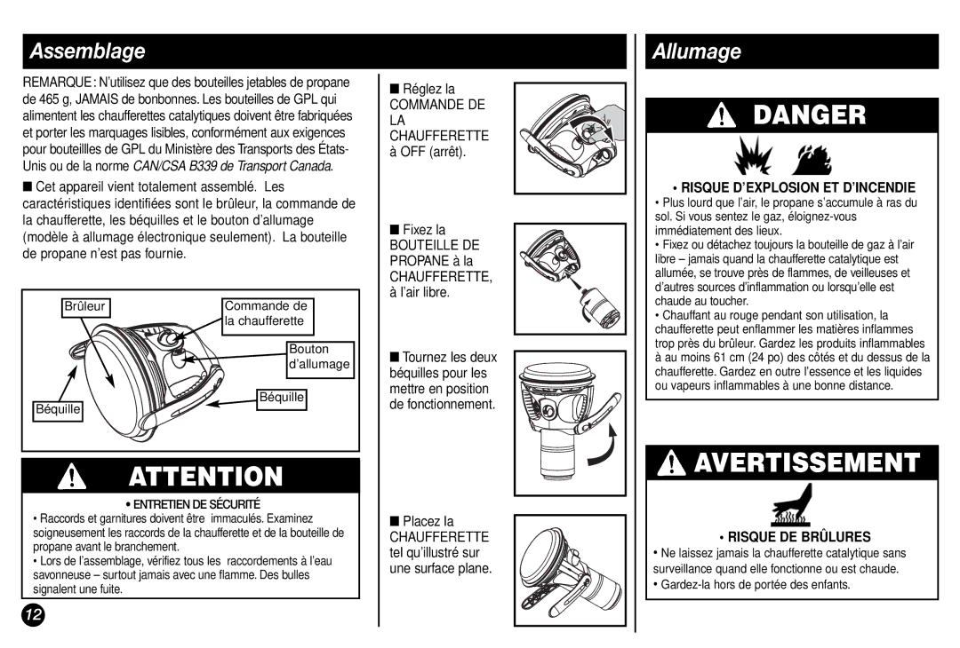 Coleman 5038 manual Assemblage, Allumage, Risque D’EXPLOSION ET D’INCENDIE 