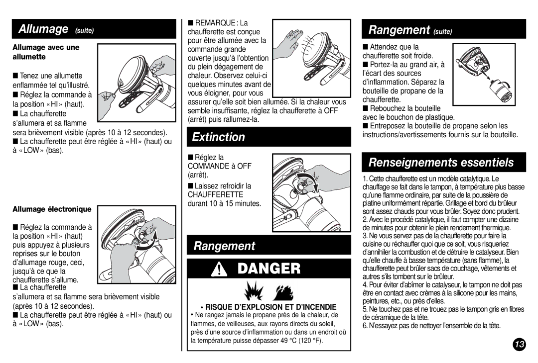 Coleman 5038 manual Allumage suite, Extinction, Rangement suite 