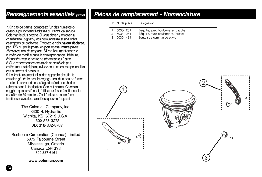 Coleman 5038 manual Pièces de remplacement Nomenclature, Renseignements essentiels suite 