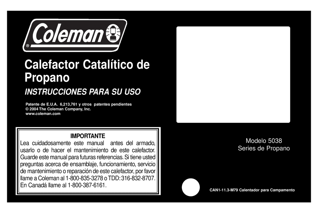 Coleman 5038 manual Calefactor Catalítico de Propano 