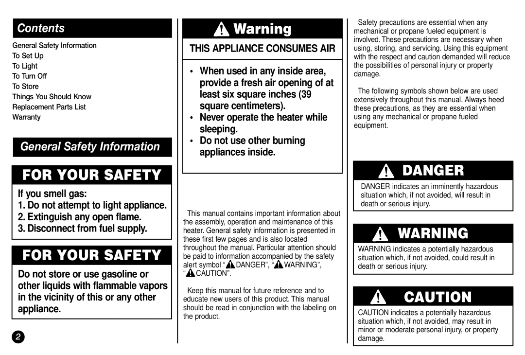 Coleman 5038 manual For Your Safety, Contents, General Safety Information 