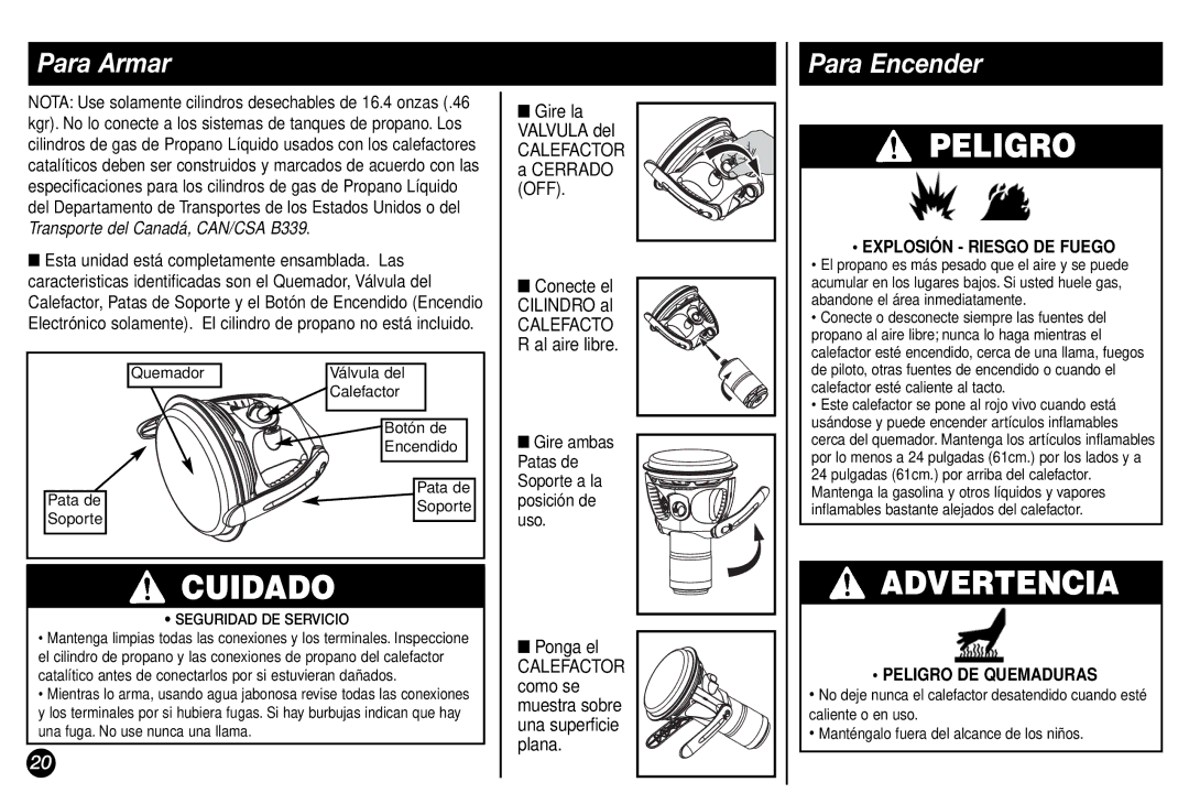 Coleman 5038 manual Advertencia, Para Armar, Para Encender, Explosión Riesgo DE Fuego, Peligro DE Quemaduras 