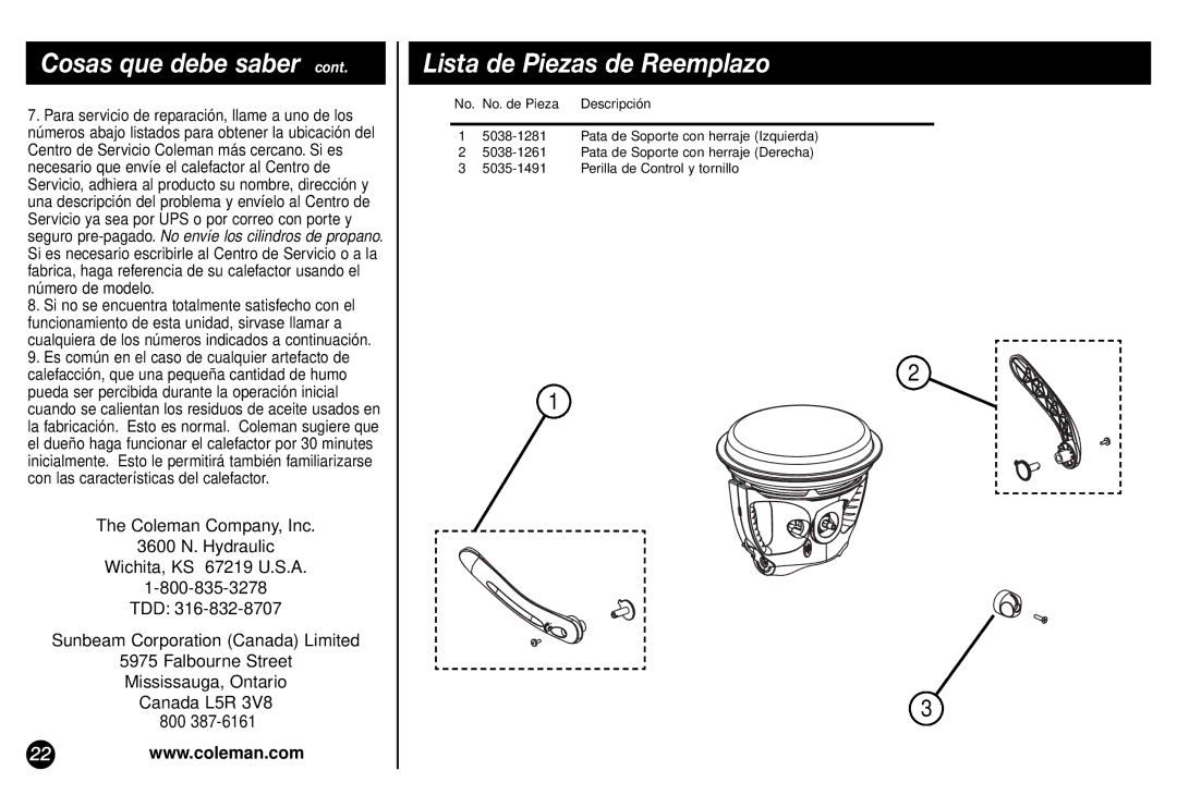 Coleman 5038 manual Lista de Piezas de Reemplazo 