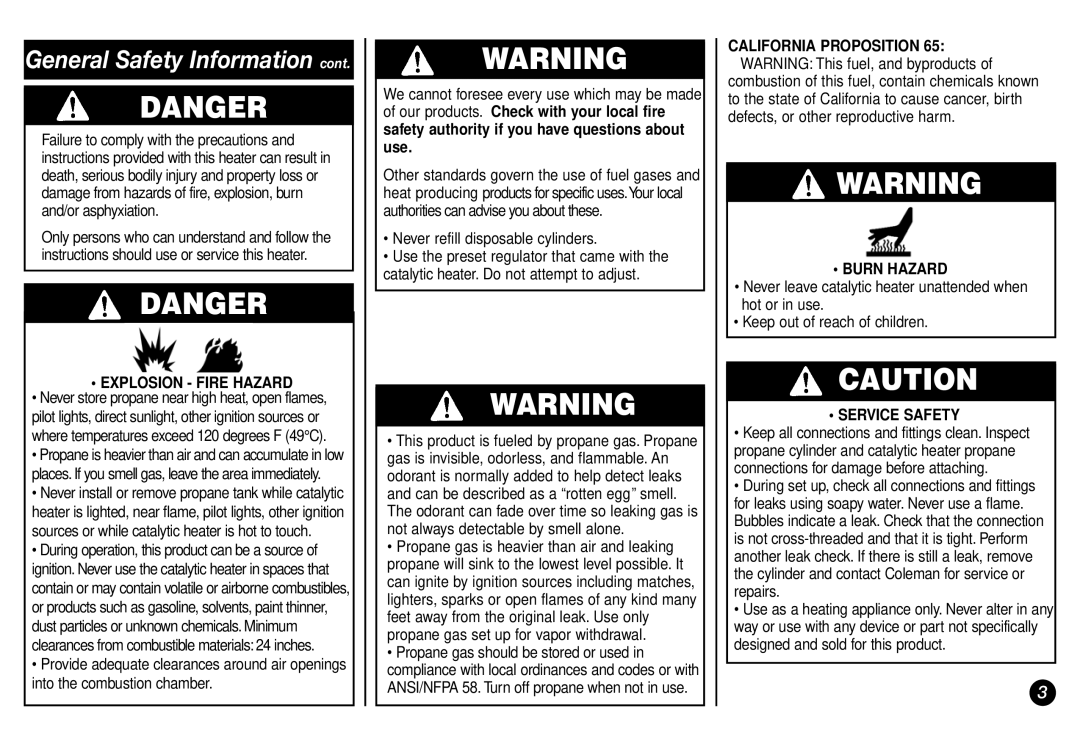 Coleman 5038 manual Explosion Fire Hazard, Never refill disposable cylinders, Burn Hazard, Service Safety 