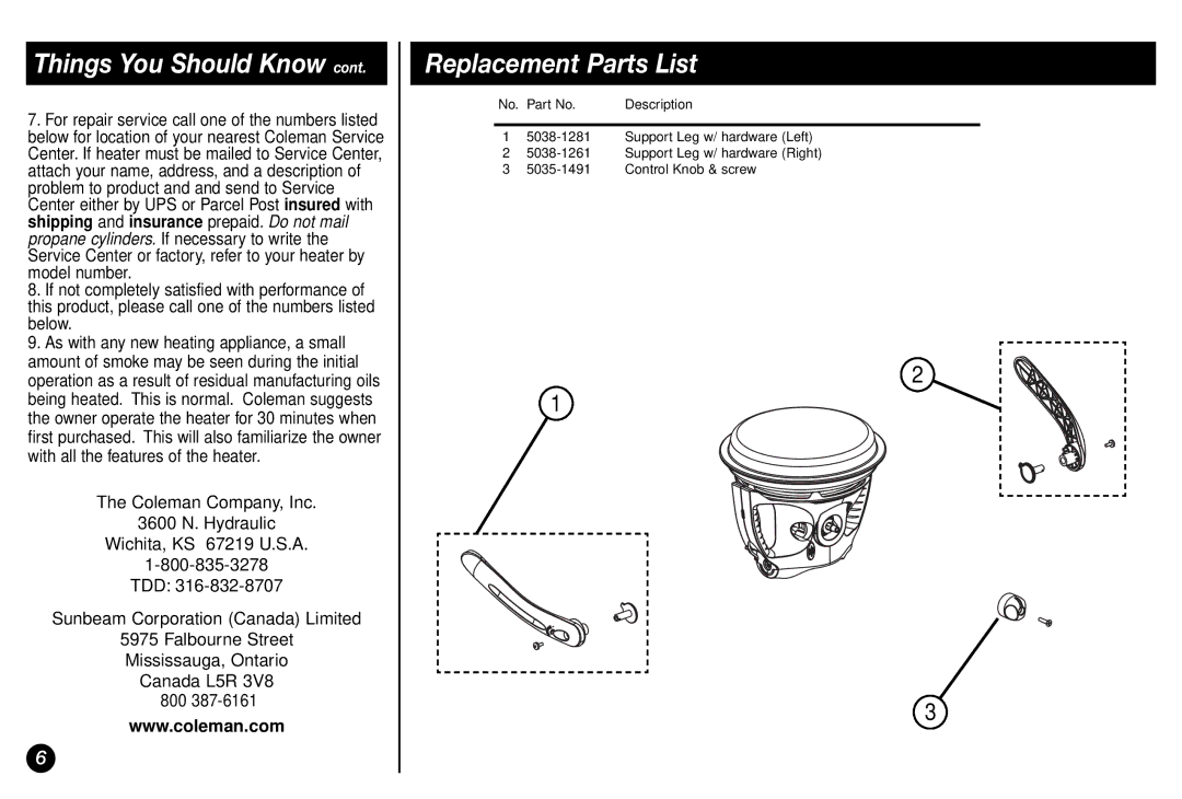 Coleman 5038 manual Replacement Parts List 