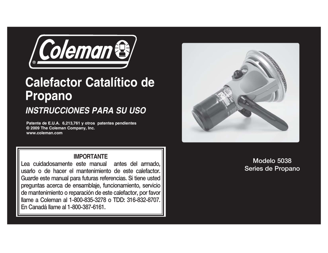 Coleman 5038 manual Calefactor Catalítico de Propano, Instrucciones Para Su Uso, Modelo Series de Propano 