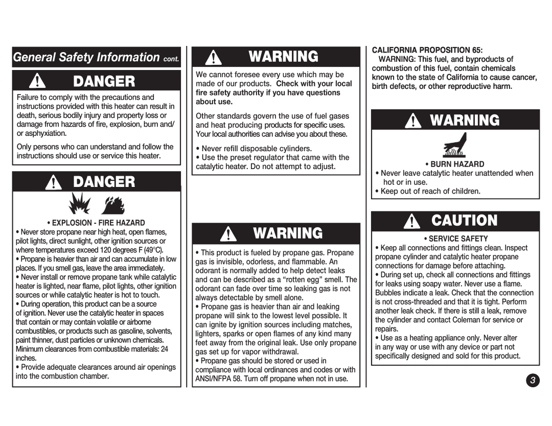 Coleman 5038 manual General Safety Information cont, Danger, Burn Hazard 